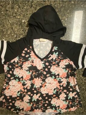 Bobbie Brooks Black Floral Hooded Tee with Pink Blossoms